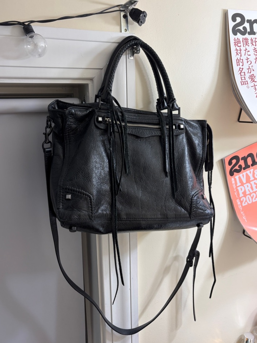 REBECCA MINKOFF Black Leather Tote with Detachable Strap - Classic Women's Bag
